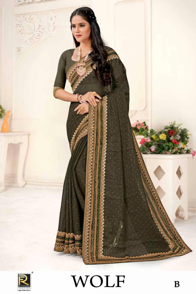 Ronisha Wolf A To D Shimmer Embroidery Designer Sarees Wholesale Shop In Surat
